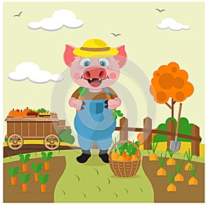 Pig harvests from the garden. Vector illustration