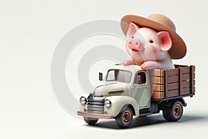 A pig in a hat sitting in the back of a truck. Space for text.