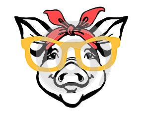 Pig head in bandana and sunglasses. Farm animal. Vector black graphic illustration isolated on white