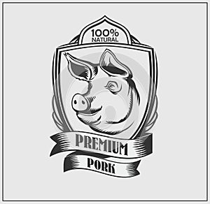 Pig head premium label. Logo butcher. Vector design.