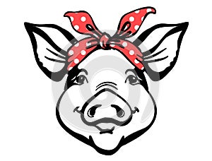 Pig head with red bandana. Farm animal. Vector graphic printable illustration isolated on white