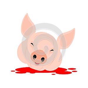 Pig head severed and blood. Decapitated pig in butcher shop