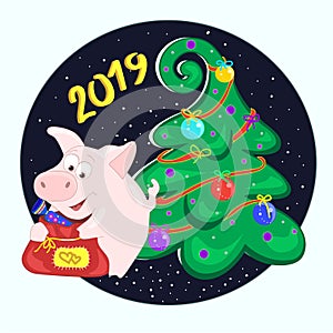 The pig is holding a bag of gifts. Funny character with candy. Happy new year. 2019. Greeting card.