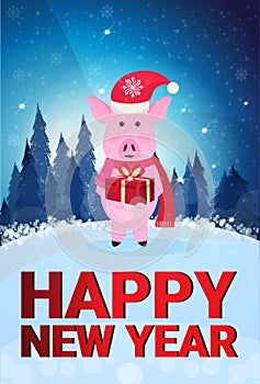 Pig holding gift box wearing hat fir tree winter forest landscape happy new year merry christmas concept flat full