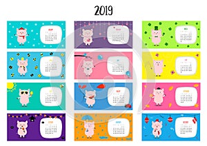 Pig horizontal monthly calendar 2019. Cute funny cartoon character set. All month. Happy Valentines Christmas St Patrick day Easte