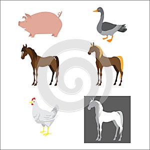 pig, horse, chicken, goose, duck, horse, agriculture, set, animals, vector, icons Flete