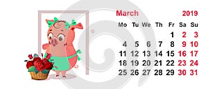 Pig housewife in apron and basket of flowers as gift. Calendar grid march 2019 year