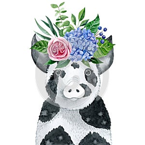 Pig with hydrangea flower wreath watercolor illustration isolated on white background