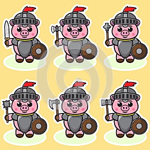 Vector illustration of cute Pig Knight set