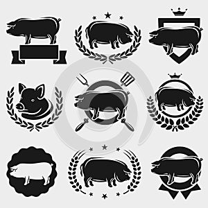 Pig labels and elements set. Vector