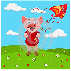 Pig launches a kite. Vector spring illustration