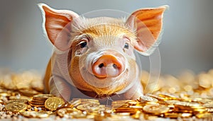 A pig is laying on a pile of gold coins by AI generated image