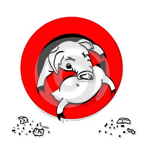 Pig line icon in prohibition red circle, No littering ban sign, forbidden symbol.