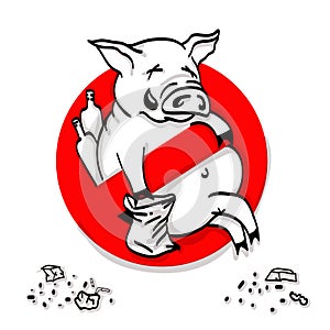 Pig line icon in prohibition red circle, No littering ban sign, forbidden symbol.