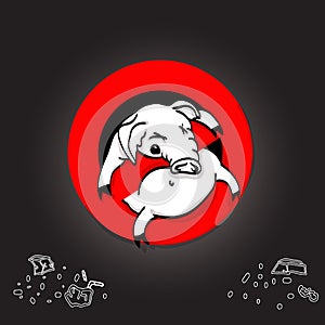 Pig line icon in prohibition red circle, No littering ban sign, forbidden symbol.