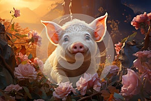 Pig on the meado in spring, funny pink piglet with flowers, animals on the farm photo