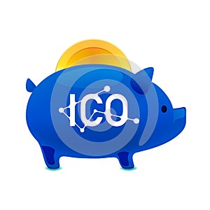 Pig money box icon with falling bitcoin, ICO bitcoin, Initial coin offering, ICO Token production process concept, vector illustra photo