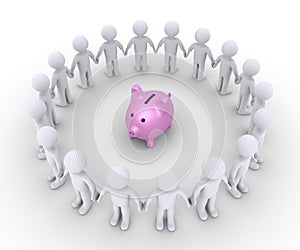 Pig money box and people around it