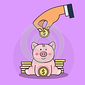 A pig with money. Saving money. Coins. Flat vector illustration. Investment.