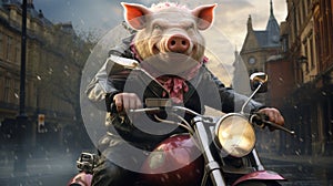 A pig on a motorcycle in old city