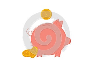 Pig piggy bank with coins vector illustration in flat style. The concept of saving or save money.