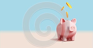 Pig piggy bank with gold coins falling. 3d render realistic vector illustration, bank digital icon