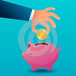 Pig piggy bank and gold coins. Money creative business concept. Financial services. Safe finance investment. Website Landing.