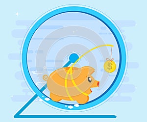 Pig piggybank running in a hamster wheel for coin bait. Business concept. Flat style, cartoon