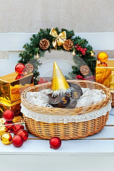 Pig piglet little black basket wicker cute Vietnamese breed new year happy Christmas tree decorations garland gift marble glasses