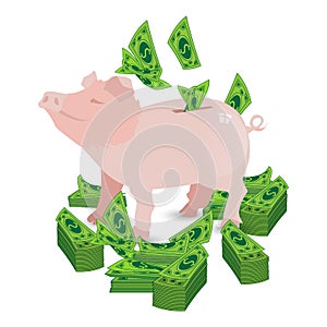 Pig pink money piggy bank with paper green dollars