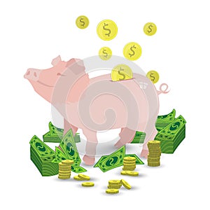 A pig of a pink piggy bank with a pile of gold coins