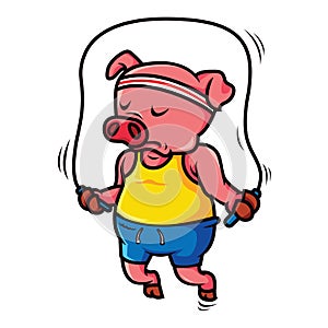 Pig playing jump rope