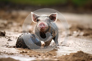 pig playing with a muddy ball in a mud pit