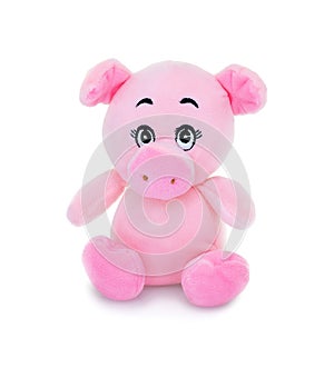 Pig plushie doll isolated on white background with shadow reflection. Hog plush stuffed puppet on white backdrop.