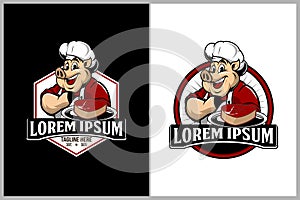 Pig or pork with meat dishes for barbeque restaurants hexagon vector logo template photo