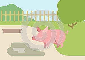 Pig puddle mud flat design cartoon vector farm animals