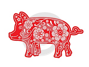 Pig Red, cut paper, origami, flowers, ornament. Piglet is a symbol of the Chinese New Year 2019, 2031. Horoscope