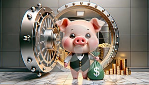 a pig rich wealth bank vault piggy save dollar coins account banking caricature protection safety gold secure security cash safe