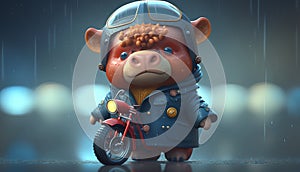 Pig riding a motorcycle in the rain. 3D illustration.