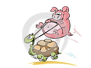 Pig riding a turtle