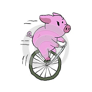 Pig riding a vintage monocycle