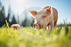 pig rooting for food in sunny pasture