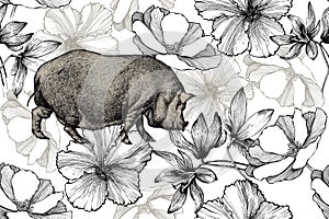 Pig with roses, snowdrops and hibiscus, seamless pattern. Hand-drawn, vector illustration