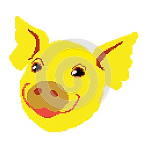 Pig`s muzzle is joyous zholtaya, drawn by squares, pixels. Vector illustration