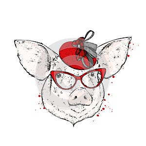 A pig in a sailor`s cap, glasses and a tie. Captain of the ship. Vector illustration.