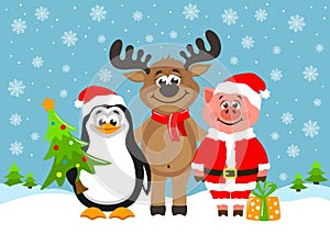 Pig in Santa Claus costume, funny reindeer and cute penguin.