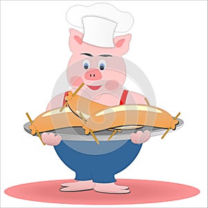 Pig and sausage, chef, cook, vector illustration, eps.
