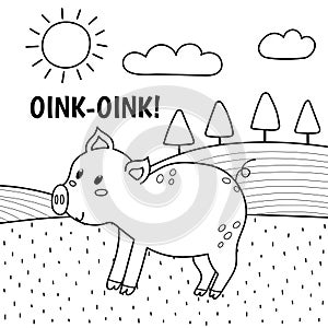 Pig saying oink print in black and white. Coloring page with cute farm character photo