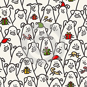 Pig seamless pattern. Funny pigs with candy canes, gifts and santa hats. 2019 Chinese New Year symbols. Doodle style