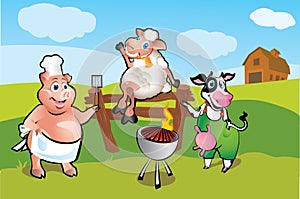 Pig, sheep and cow at barbeque picnic